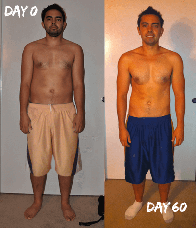 A before and after picture of Pat in basketball shorts. He has lost weight and has more defined muscles.