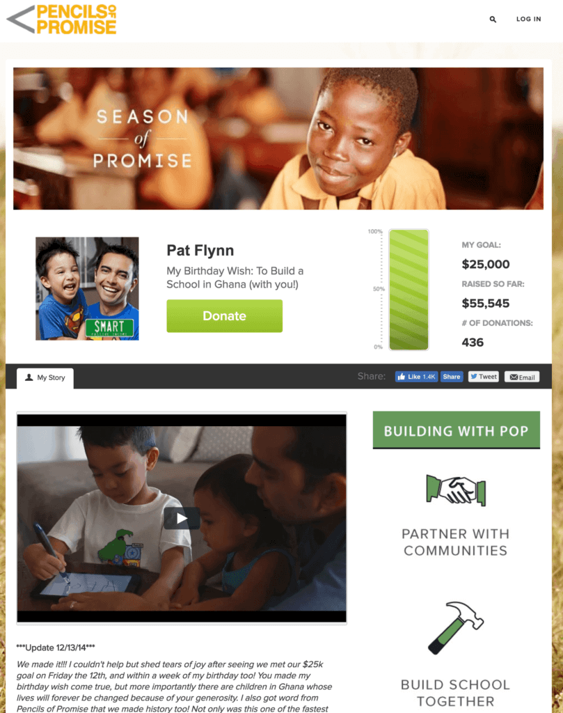 Pencils of Promise landing page, showing the goal meter. The goal was set to $25,000 and 436 donations raised $55,545.