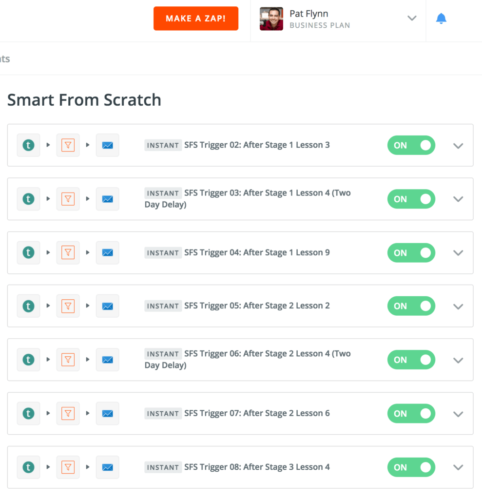 A screenshot of Zapier showing the workflows that will trigger when specific lessons have been completed