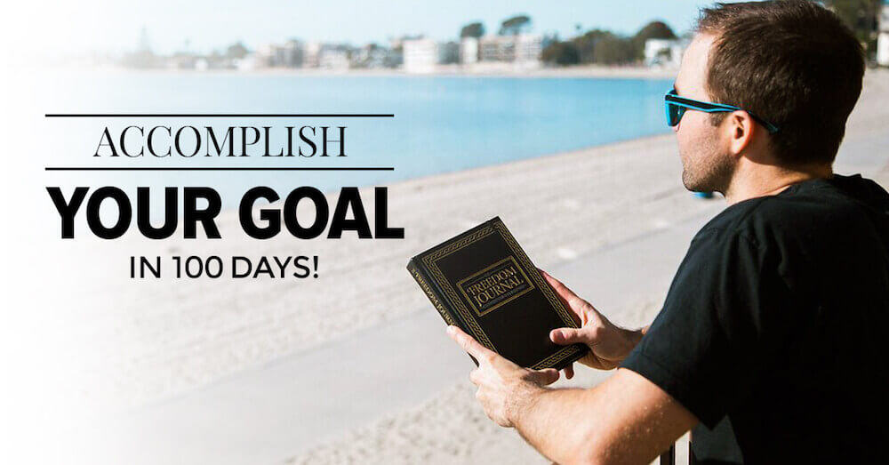 Picture of John Lee Dumas looking off into the ocean with the text "Accomplish your goal in 100 days!"