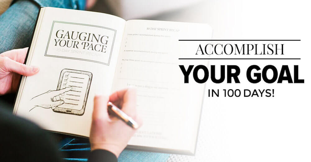 Picture of the journal open to the page "Gauging your pace" with the text "Accomplish your goal in 100 days!"