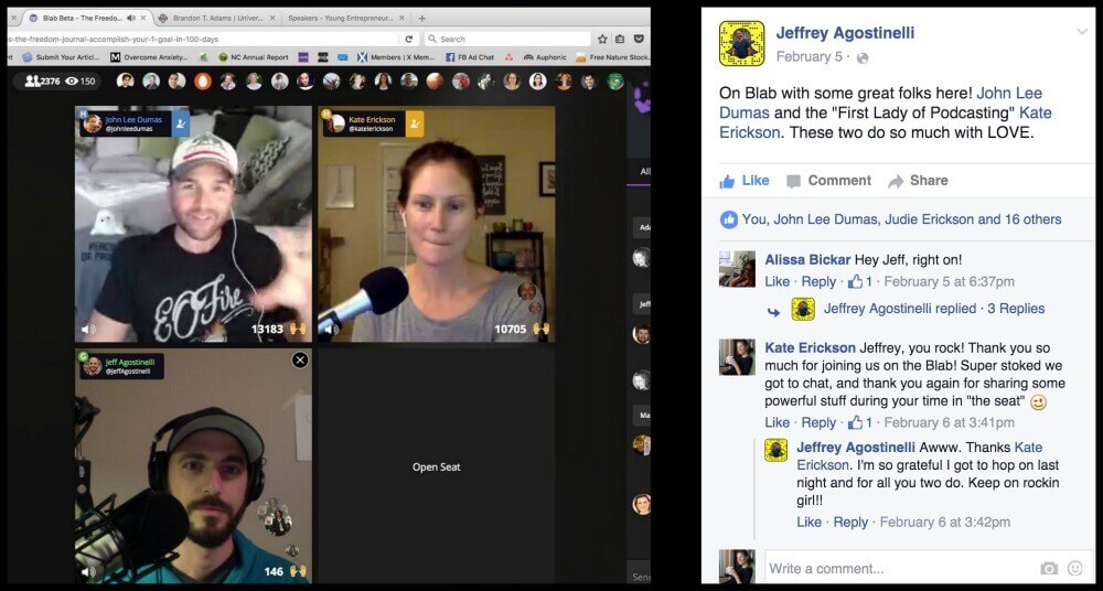 Facebook post with a screenshot of a video call with John Lee Dumas, Kate Erickson, and Jeff Agostinelli.