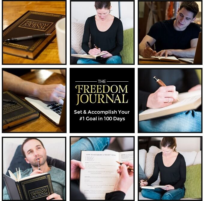 Shows a 3x3 grid of photos of people using the journal. The center square reads "The Freedom Journal: Set and accomplish your #1 goal in 100 days."