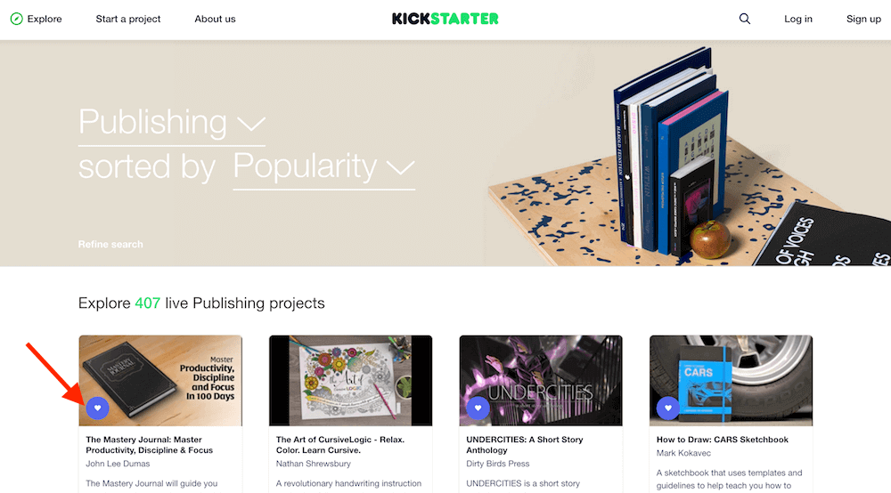 Shows the Kickstarter page for publishing sorted by popularity. The journal is the first result and has a heart on the image, indicating that it is a Kickstarter favorite.