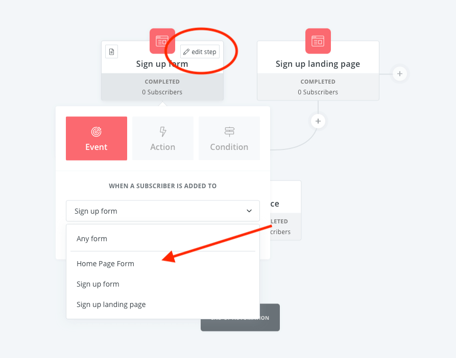 On Sign Up Form, hover over the element to get the Edit Step button. Click on that and choose your form.