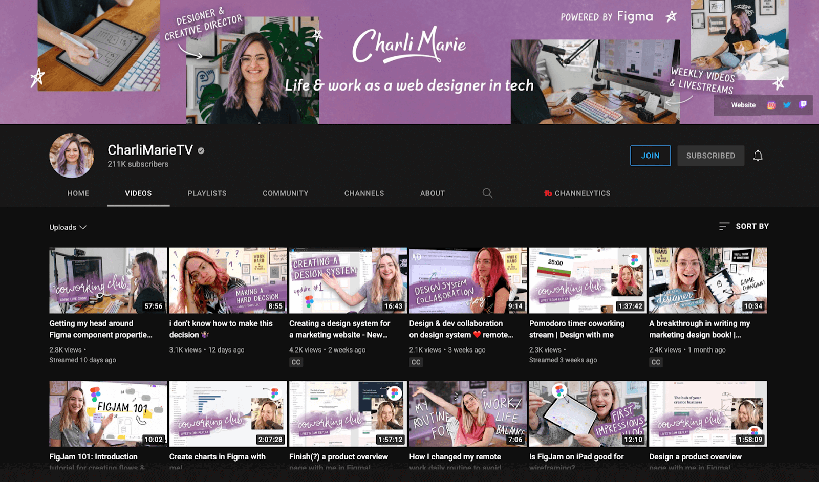 Screenshot of Charli Marie YouTube channel. The banner logo at the top is purple and all of the video thumbnails use the same purple as the text background. Her hair is also purple in the banner image.