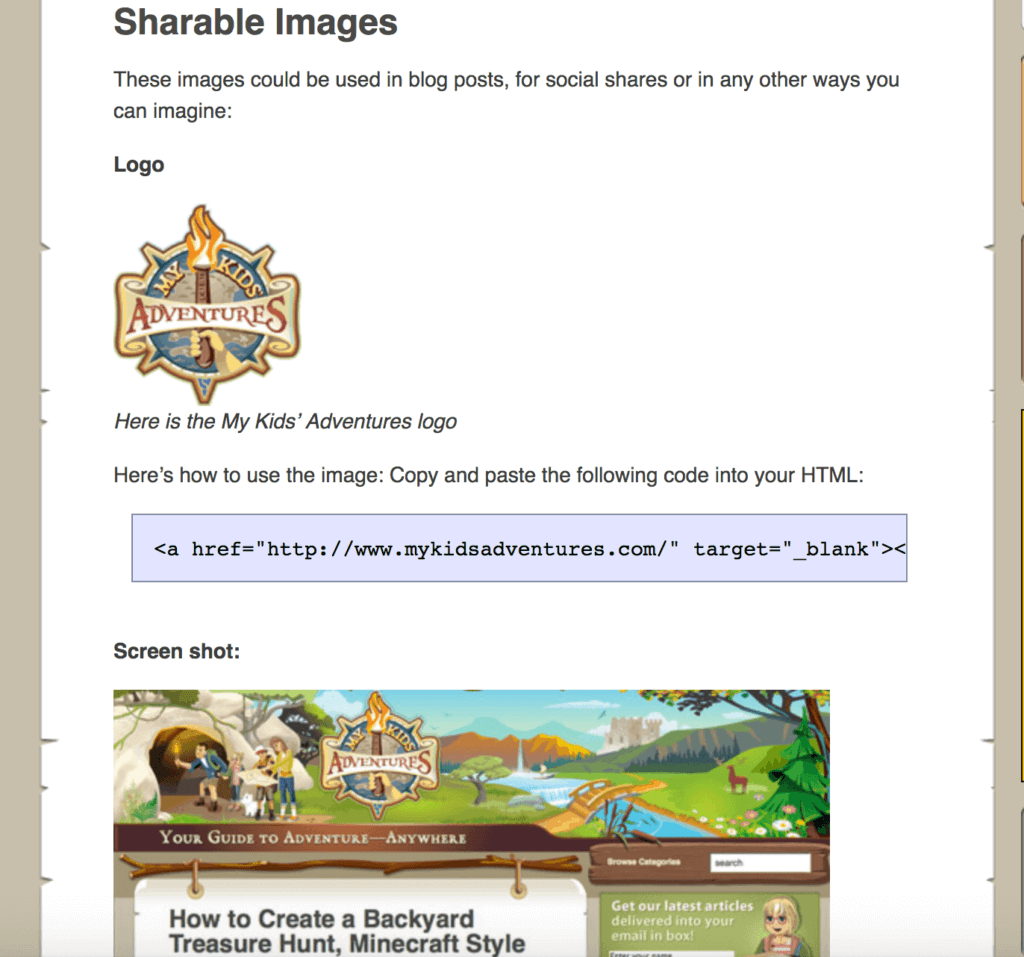 My Kids Adventures page shows several shareable images and their embed codes, including the site logo and a larger website screenshot