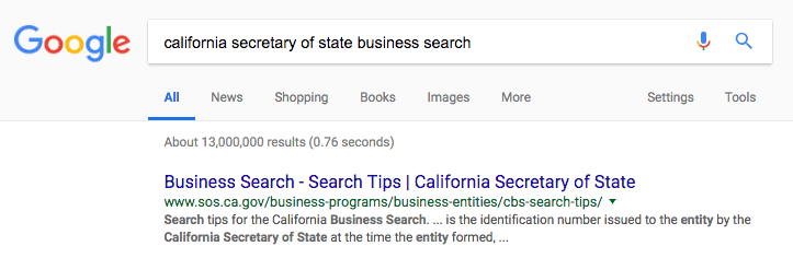 Google search box with "California Secretary of State business search" in search box