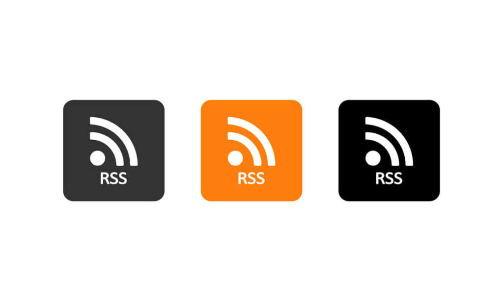 three RSS icons in a row, the first one black, second one orange, and third one black
