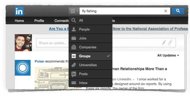 Click on the LinkedIn search bar to choose Groups when running the search
