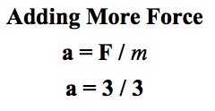 Adding More Force
a = F / m
a = 3 / 3