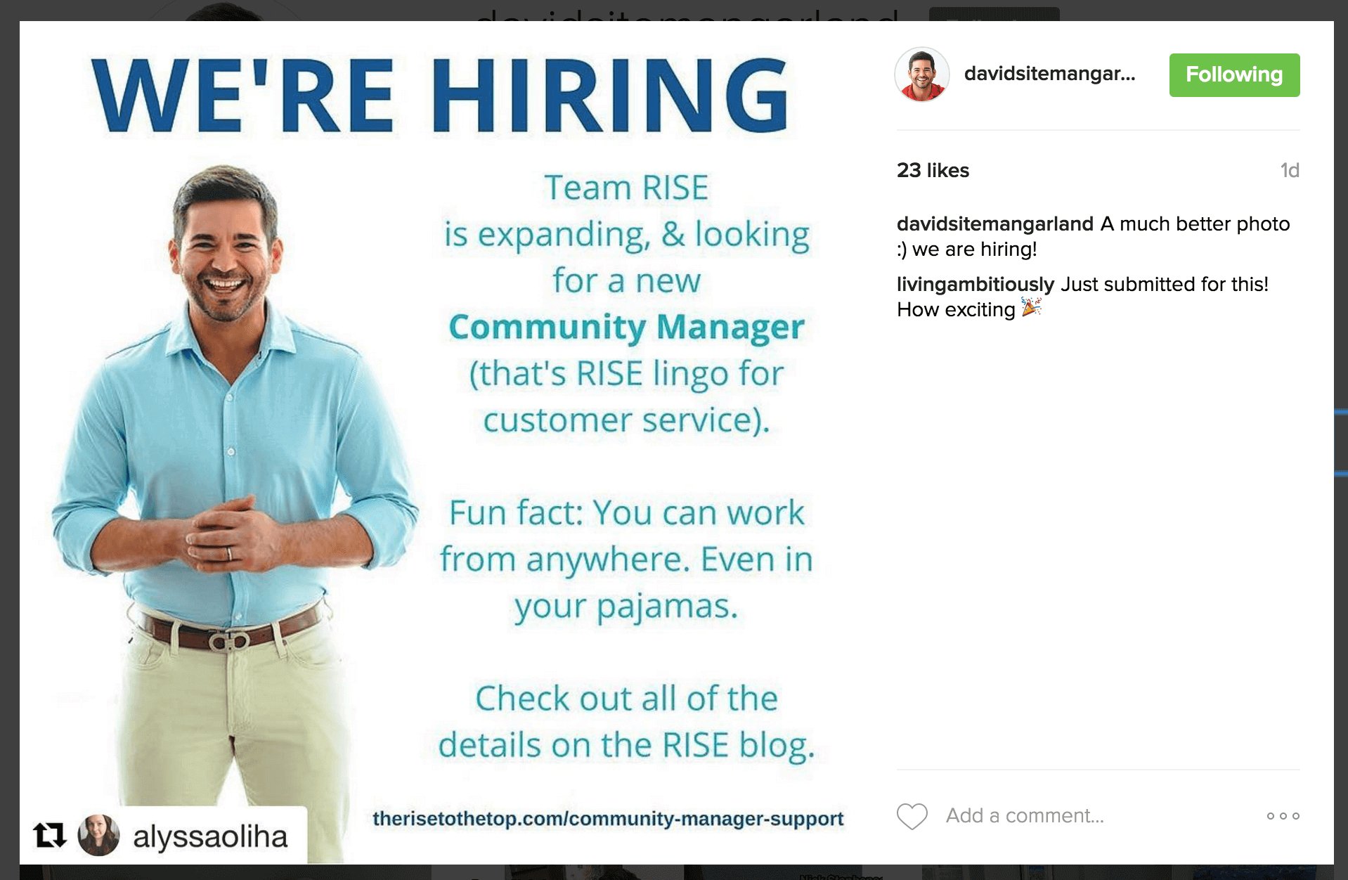 Screenshot of an Instagram post with a photo of David and the text "Team RISE is expanding and looking for a new Community Manager (that's RISE lingo for customer service). Fun fact: You can work from anywhere. Even in your pajamas. Check out all of the details on the RISE blog."