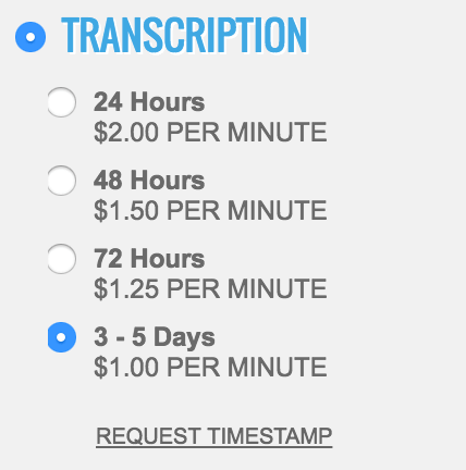 SpeechPad pricing:
- 24 hours: $2.00 per minute
- 48 hours: $1.50 per minute
- 72 hours: $1.25 per minute
- 3–5 days: $1.00 per minute