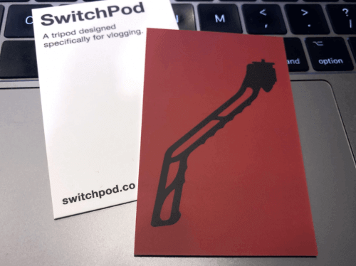 SwitchPod business cards, with a picture of the collapsed tripod on the back