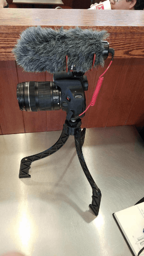 SwitchPod first test, with prototype holding up a digital SLR camera with attached microphone