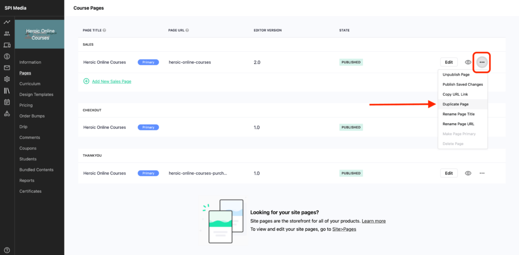 screenshot of Teachable Sales Page Builder Duplicate Page Button