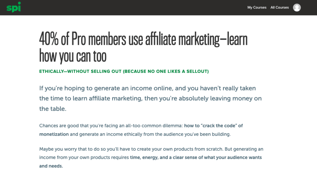 screenshot of Teachable Sales Page Customized Headline: "40% of Pro members use affiliate marketing—learn how you can too"