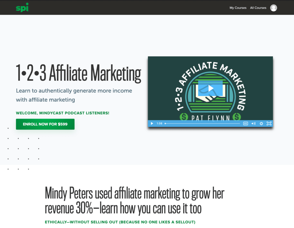 screenshot of Teachable custom affiliate Sales Page, with headline: "Mindy Peters used affiliate marketing to grow her revenue 30%—learn how you can use it too"