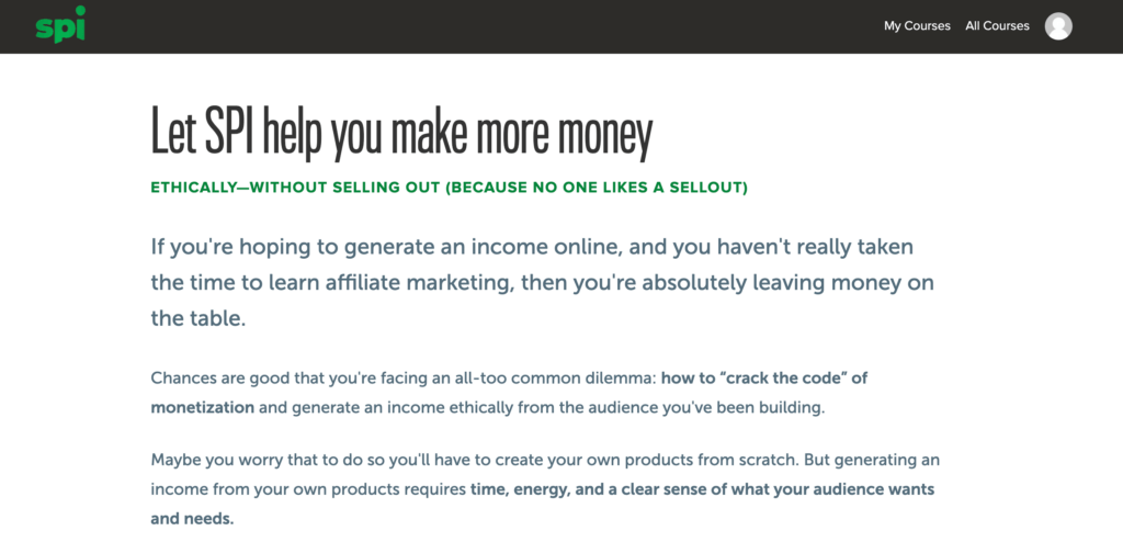 screenshot of Teachable Sales Page Original Headline: "Let SPI help you make more money"