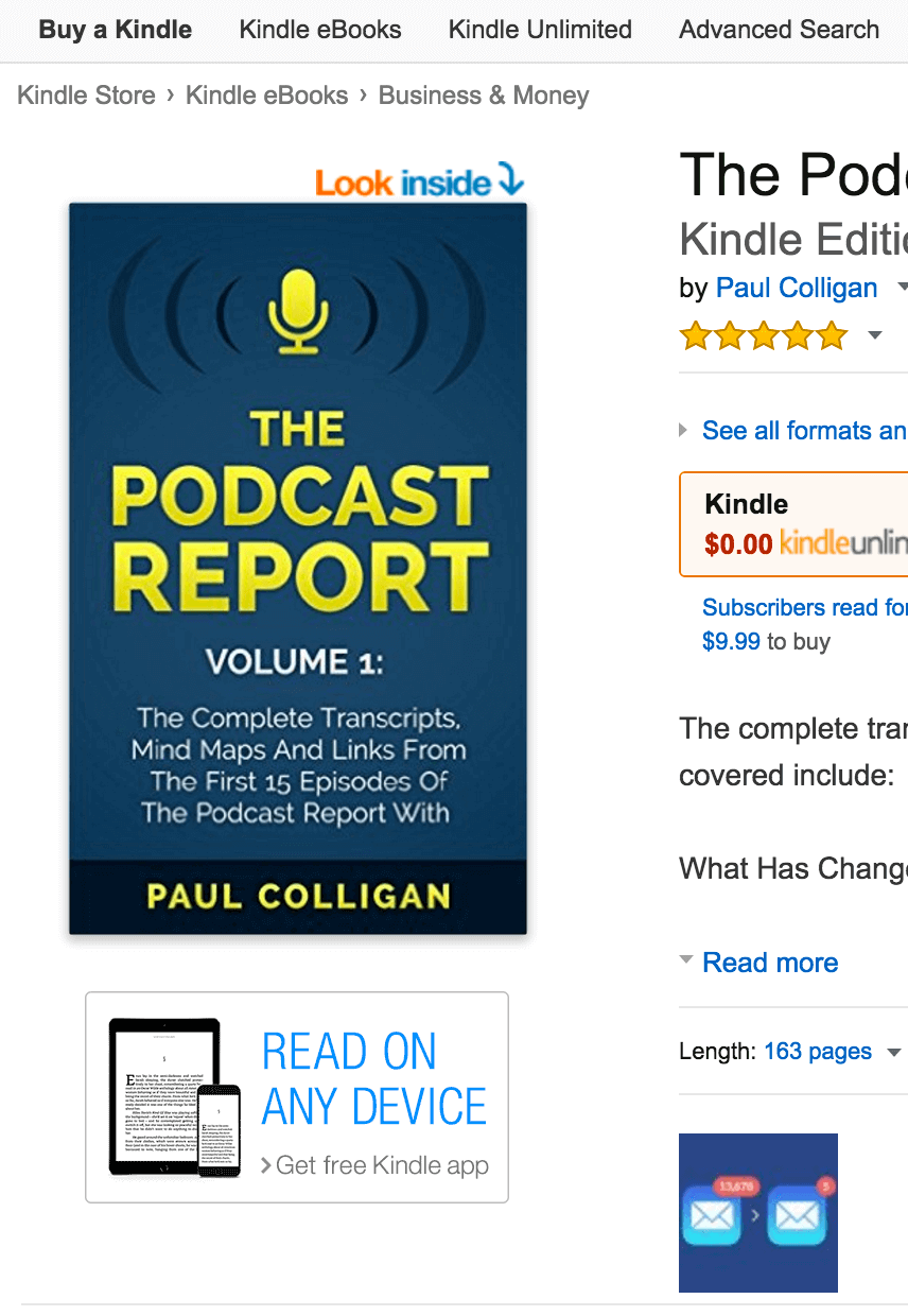 The Podcast Report book listing on Amazon. The full title reads: "The Podcast Report Volume 1: The Complete Transcripts, Mind Maps, and Links from the First 15 Episodes of The Podcast Report with Paul Colligan."