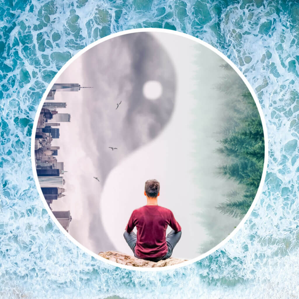 logo for benjamin yeh's business  transformation coaching: ben seated in lotus position against a backdrop of a yin-yang, a cityscape, trees, and ocean water balance