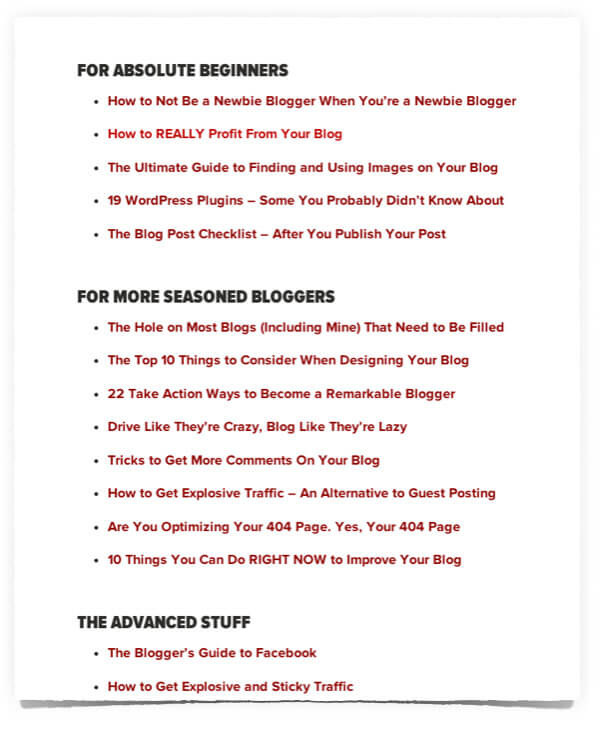 Pat's Blogging Tips Resource Page with lists of posts for absolute beginners, more seasoned bloggers, and advanced