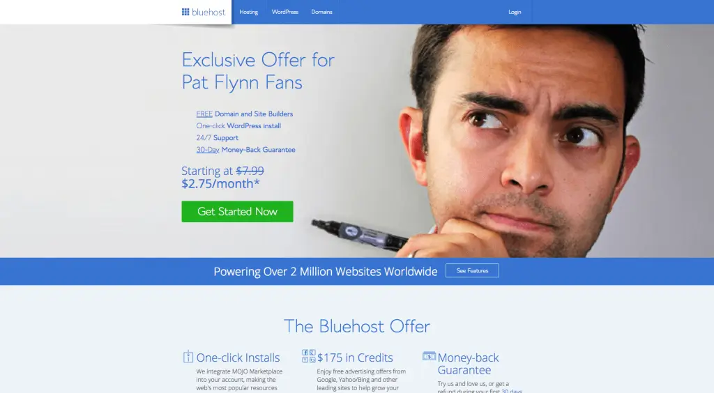 Bluehost affiliate landing page, featuring a picture of Pat and the headline "Exclusive Offer for Pat Flynn Fans"