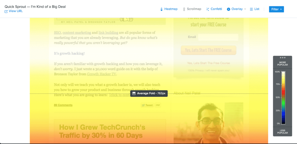 Screenshot of affiliate marketing tool Crazy Egg's heat map tool, using colors to show which parts of the page that are more popular