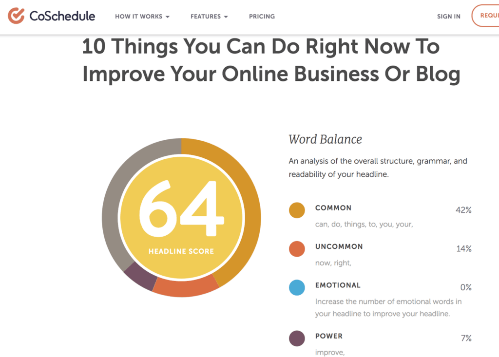 CoSchedule's headline analyzer tool, showing the word balance between common, uncommon, emotional, and power words.