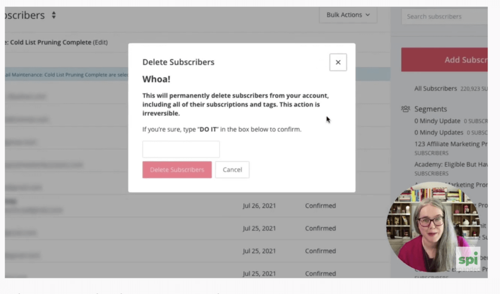 Warning message in ConvertKit saying "Whoa! This will permanently delete subscribers from your account, including all of their subscriptions and tags. This action is irreversible. If you're sure, type 'DO IT' in the box below to confirm."