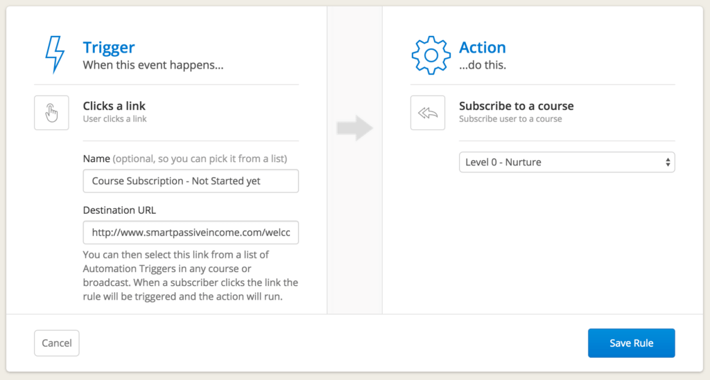 ConvertKit Rule Builder: Trigger choose "clicks a link" and Action choose "Subscribe to a course."