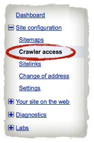 Screenshot of Site Configuration with "Crawler access" circled