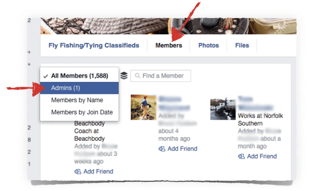 In Facebook member search, click on the dropdown next to search and choose "Admins" to limit the search