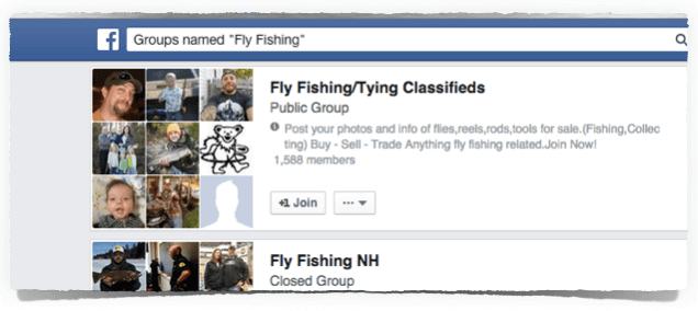 Facebook search using the following text: Groups named "Fly fishing"