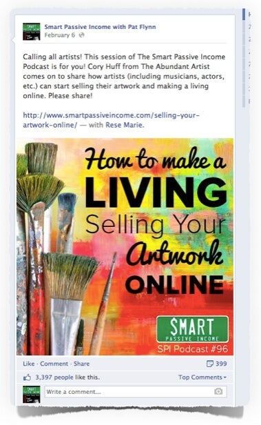 Facebook Image for Post: Picture of paint brushes over a smudgy painted background. Text reads: "How to Make a Living Selling Your Artwork Online." In the bottom corner is the SPI logo and "SPI Podcast #96."