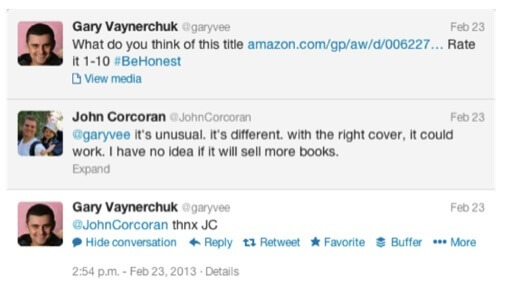 Gary Vaynerchuk replying on Twitter to someone who gave feedback on a book title