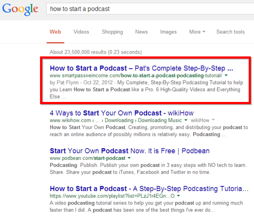 Google search for "How to Start a Podcast" showing Pat's tutorial as the number one result