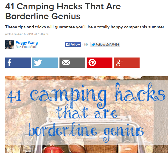 Screenshot of Buzzfeed article "41 Camping Hacks that are borderline genius"