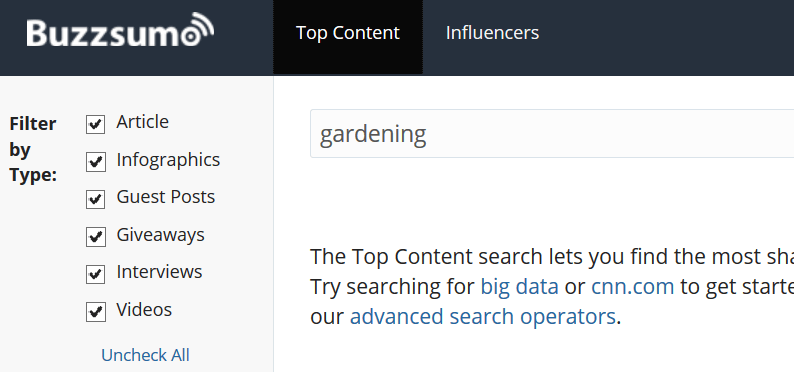 BuzzSumo search panel, entering the term "Gardening" and searching for all types: article, infographic, guest posts, giveaways, interviews, and videos