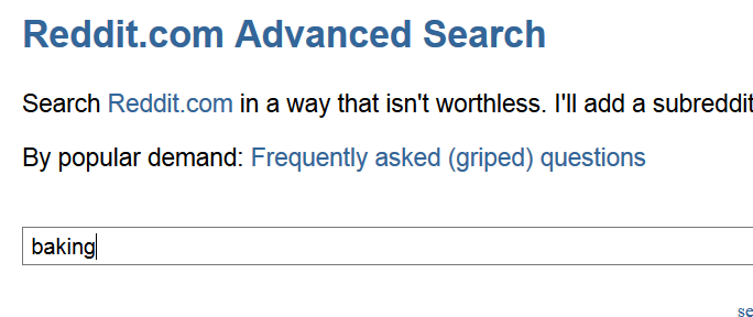 Reddit.com Advanced Search with "baking" entered