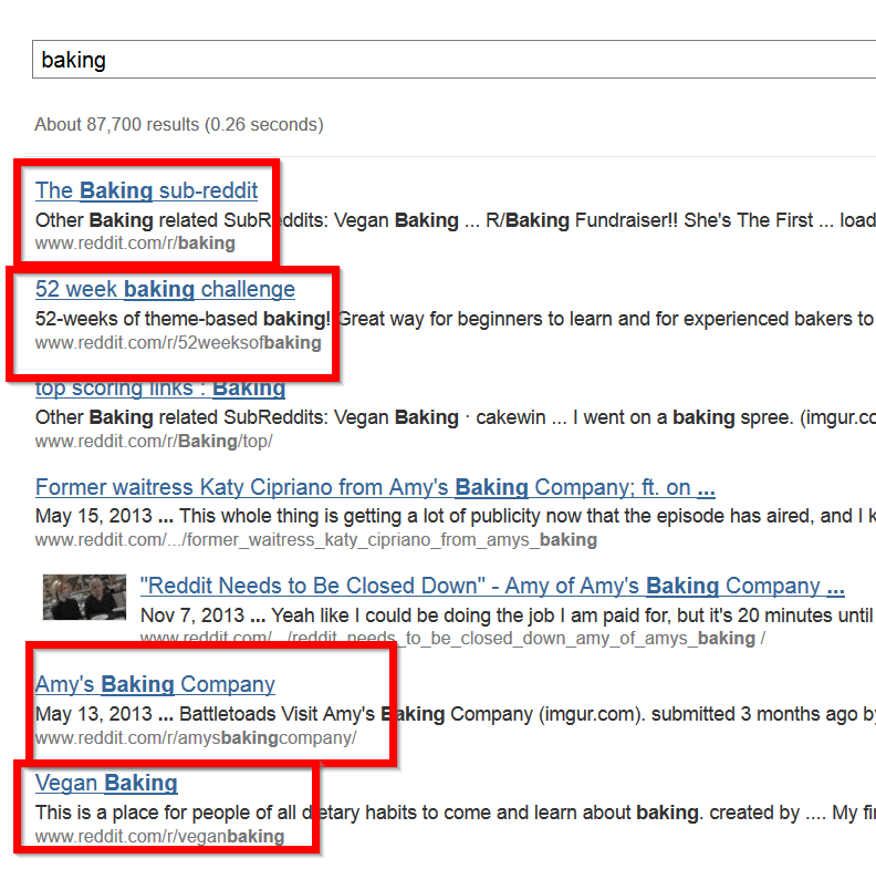Reddit results show several subreddits focused on baking