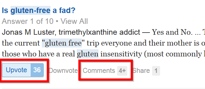 Showing an answer preview on Quora. Below the preview are the number of upvotes the answer received and the number of comments on the answer.