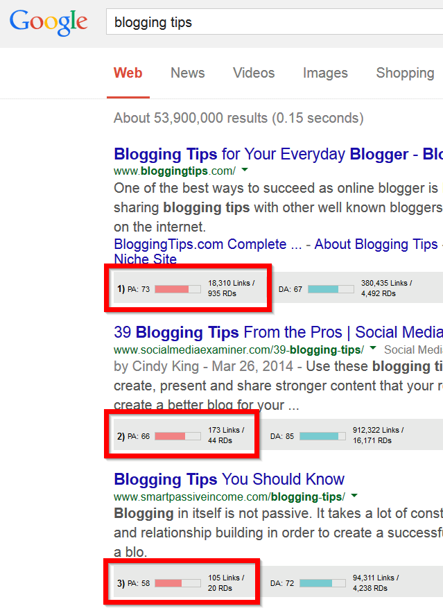 Google search results for "Blogging Tips" where search results used to show page authority below results