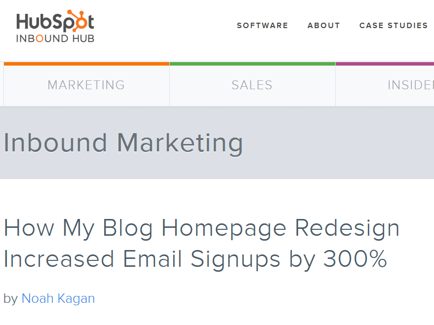 A blog post on Inbound Hub called "How My Blog Homepage Redesign Increased Email Signups by 300%"