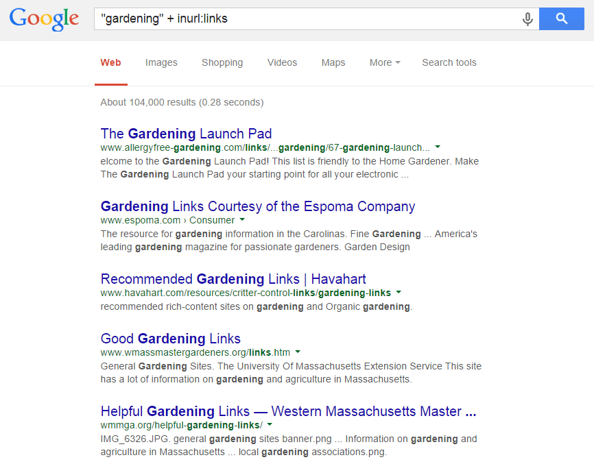 The Google search string is: "gardening" + inurl:links