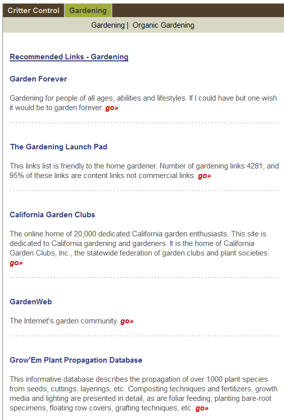 A resource page with links to specific gardening websites, communities, and a database