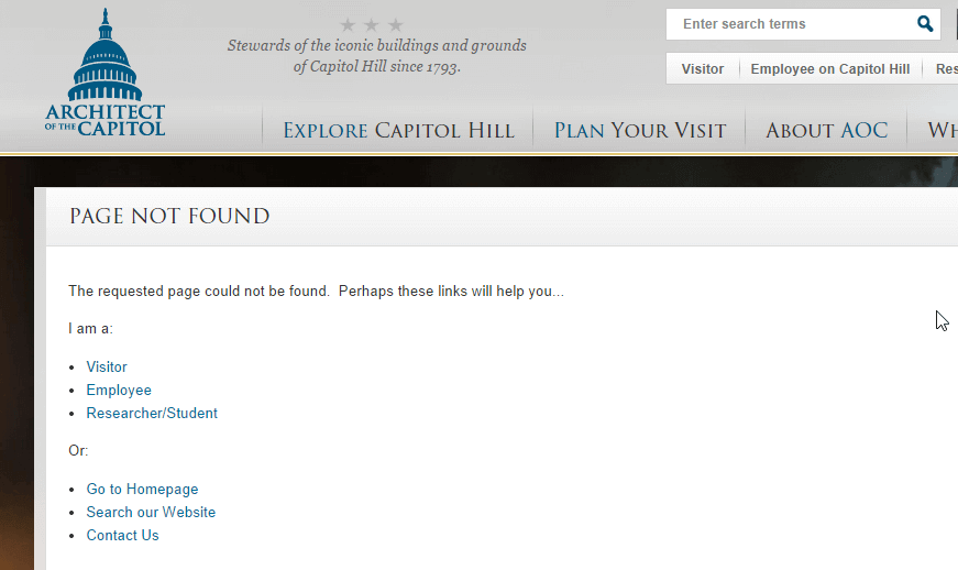 404 Page for the Architect of the Capitol government page