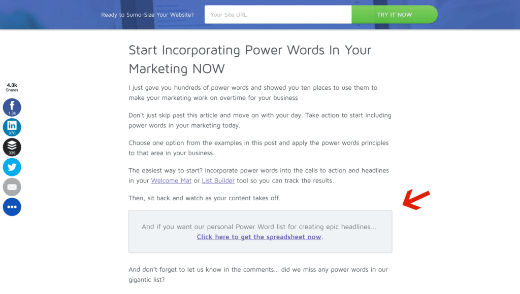 This shows a blog post with a CTA at the bottom of the post that reads "And if you want our personal Power Word list for creating epic headlines, Click here to get the spreadsheet now."