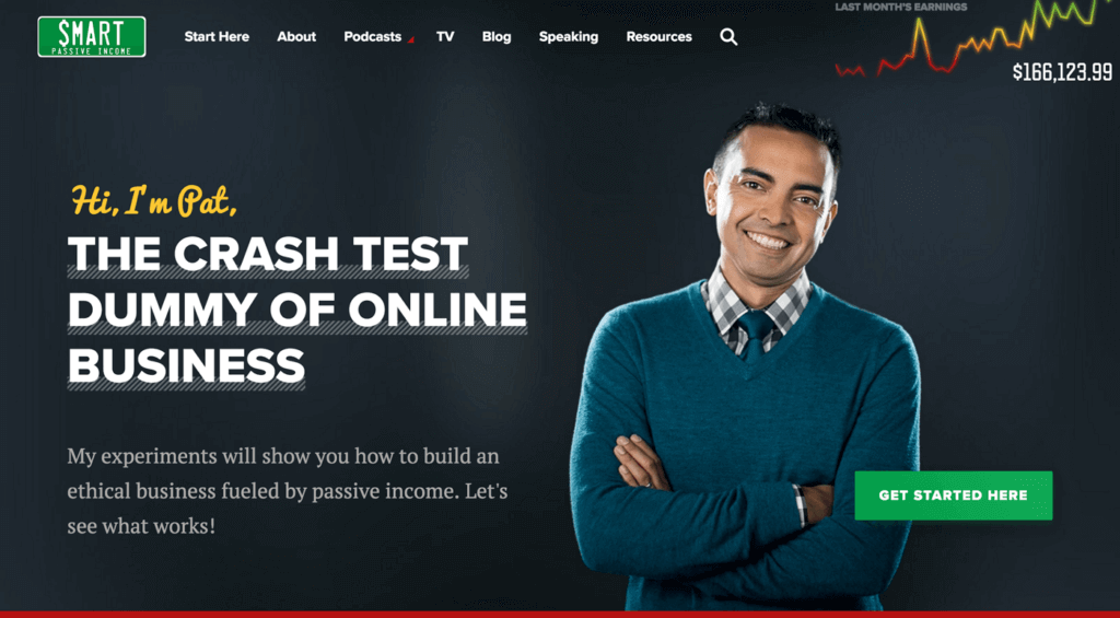 The SPI home page from 2016. The headline reads "Hi, I'm Pat, The Crash Test Dummy of Online Business." There is a picture of Pat Flynn with a button that says "Get Started Here."