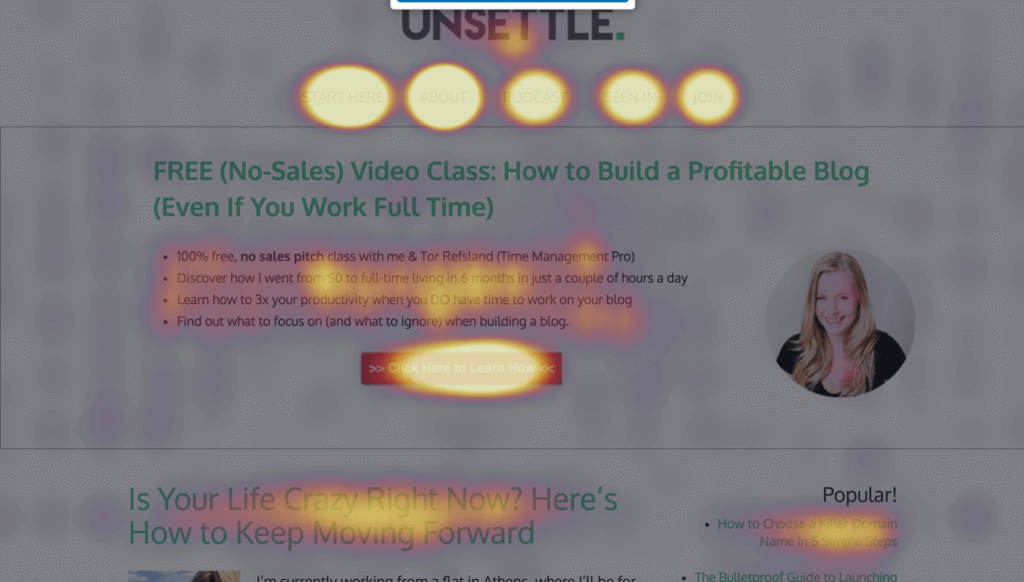The heat map shows lots of clicks on the menu items, on the red button, and on the post titles. There are lesser clicks on some text below the main headline.